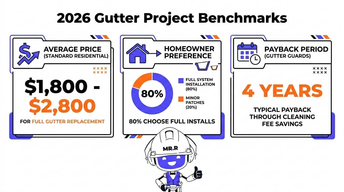 A 2026 gutter replacement market summary infographic showing the $1,800 to $2,800 price baseline and the 80% full-replacement trend.